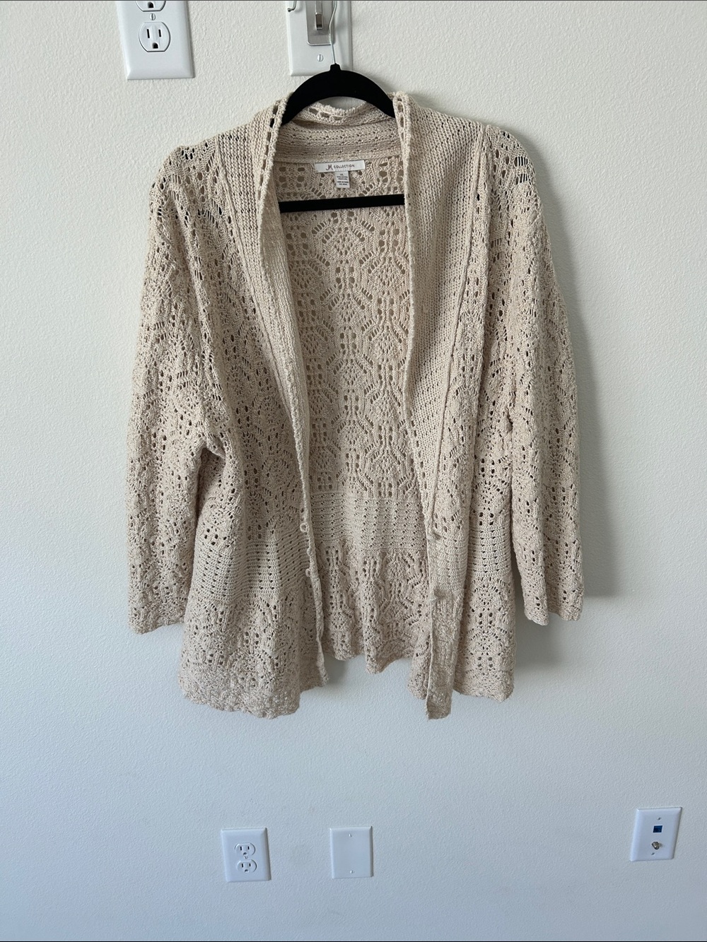 JM Collection Crochet Open-Front Cardigan in Light Beige